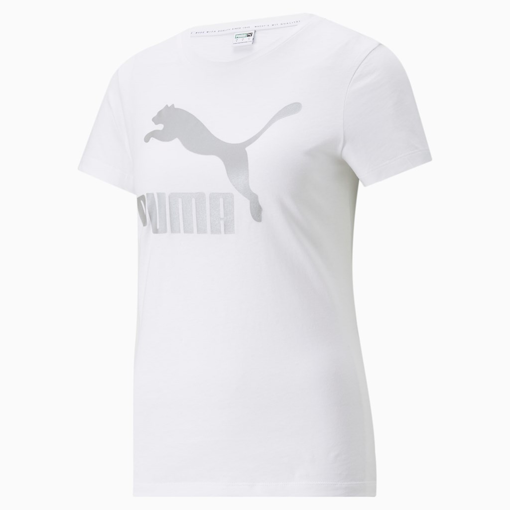 White / Silver Puma Classics Logo Women's Tee | 1537AWCOG