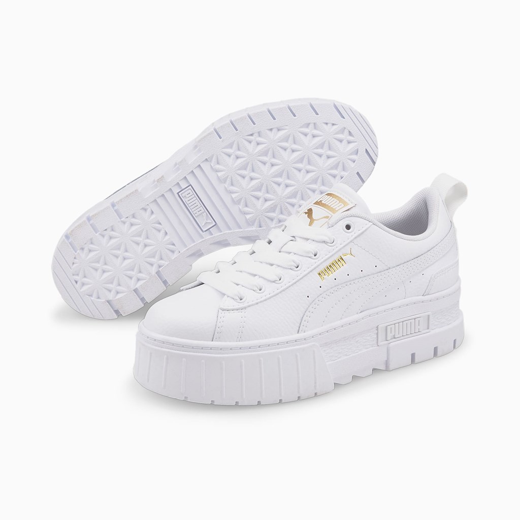 White / Team Gold Puma Mayze Leather Jr Girls' Sneakers | 5287ZMWXK