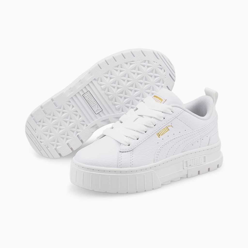 White / Team Gold Puma Mayze Leather Little Girls' Sneakers | 7246NLRJS