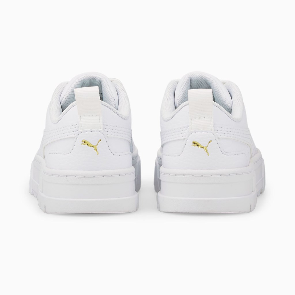 White / Team Gold Puma Mayze Leather Little Girls' Sneakers | 7246NLRJS