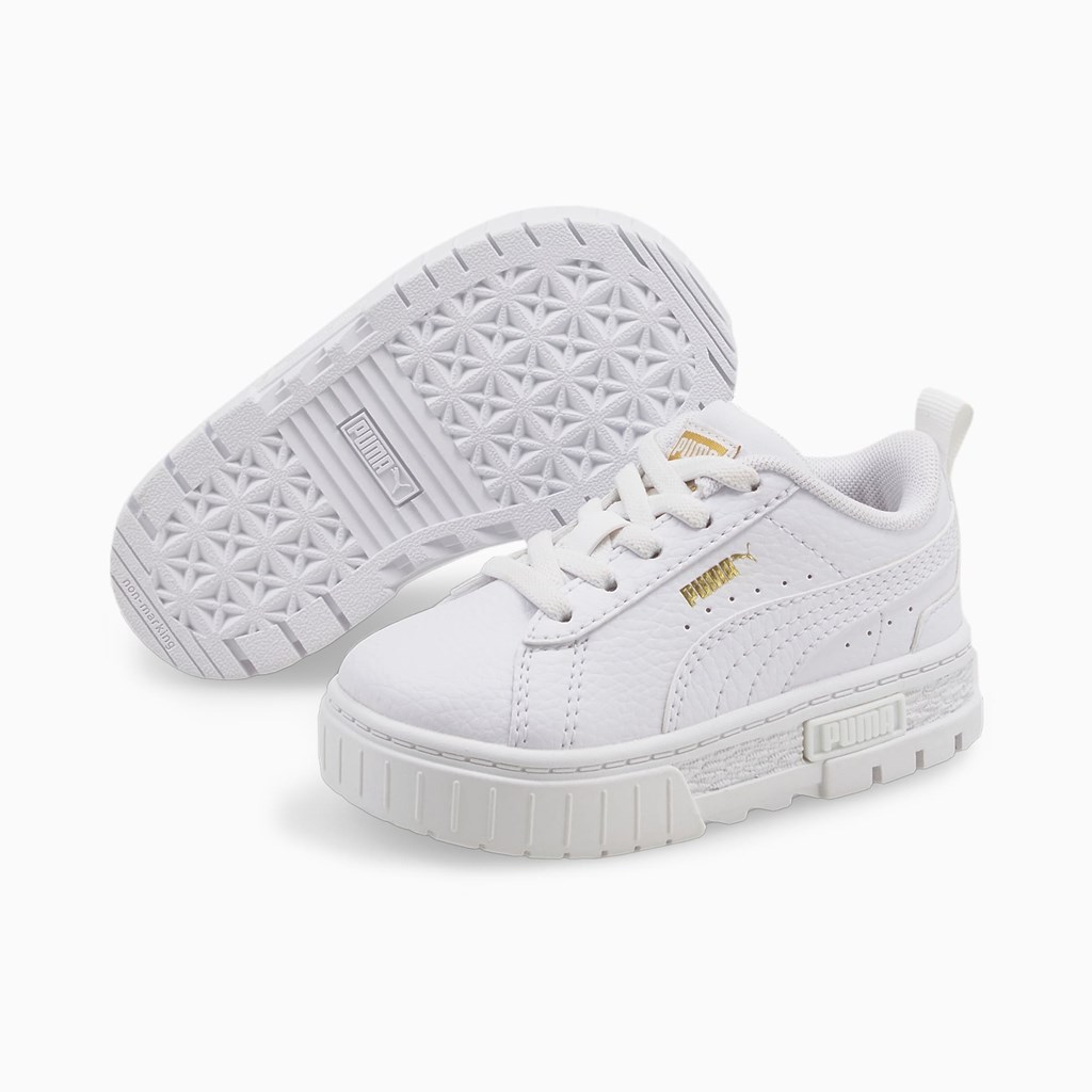 White / Team Gold Puma Mayze Leather Toddler Girls' Sneakers | 9260BHYGR