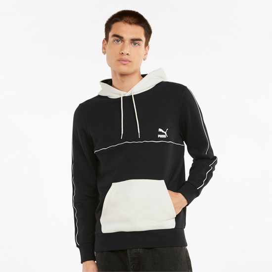 Black / Ivory Puma CLSX Piped Regular Men's Hoodie | 0293IMDQF