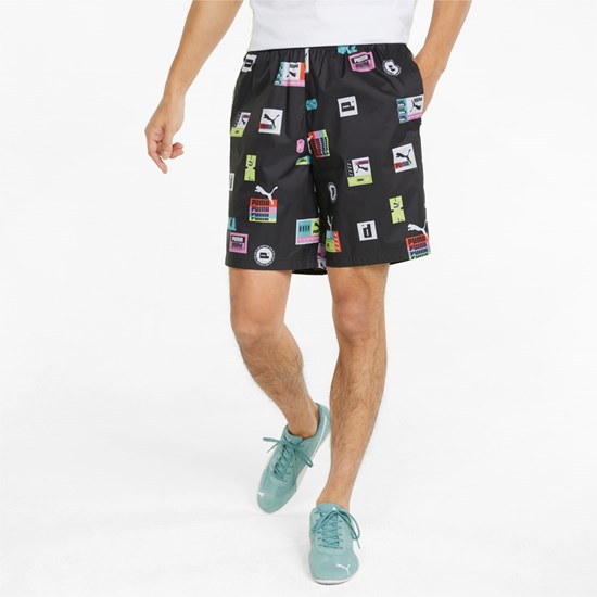 Black Puma Brand Love Printed Men's Shorts | 6852DZRIV