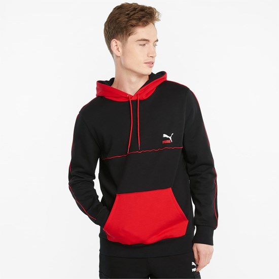 Black Puma CLSX Piped Regular Men's Hoodie | 4180IECBU