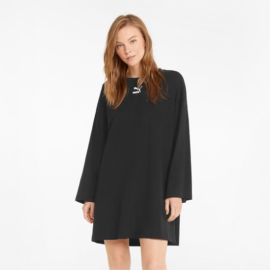 Black Puma Classics Long Sleeve Tee Women's Dress | 5612RQTCV