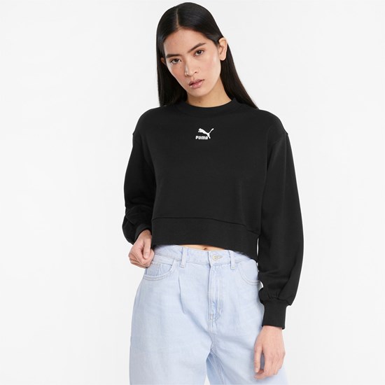 Black Puma Classics Puff Sleeve Crew Neck Women's Sweatshirt | 0172WBGEF