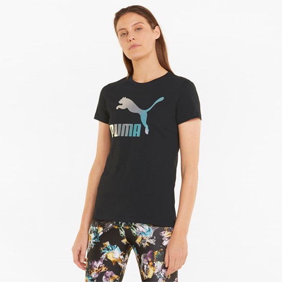 Black Puma Crystal Galaxy Graphic Women's Tee | 2138ZUPCS