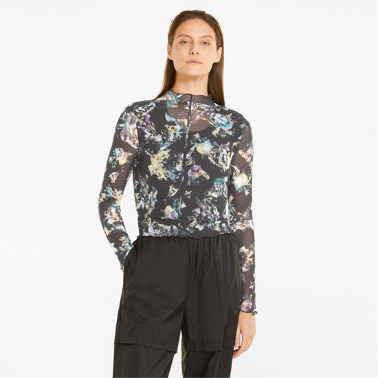 Black Puma Crystal Galaxy Printed Long Sleeve Fitted Women's Tee | 1236FIOJX