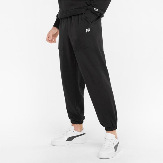 Black Puma Downtown French Terry Men's Sweatpants | 8401ATENF