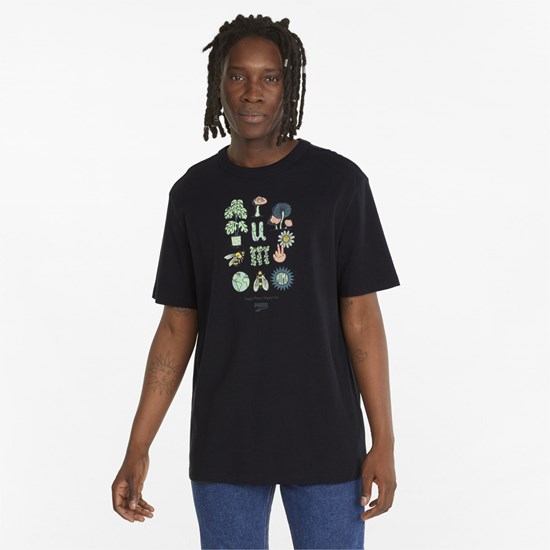 Black Puma Downtown Graphic Crew Neck Men's Tee | 1297ELAGW