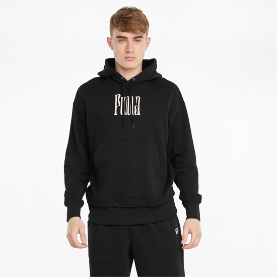 Black Puma Downtown Graphic French Terry Men's Hoodie | 6103SNTVQ