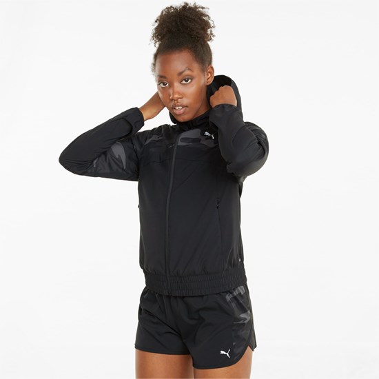 Black Puma Graphic Hooded Running Women's Jacket | 6857GZEVT