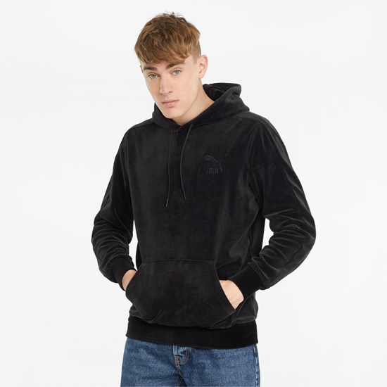 Black Puma Iconic T7 Velour Men's Hoodie | 6702HXVSI