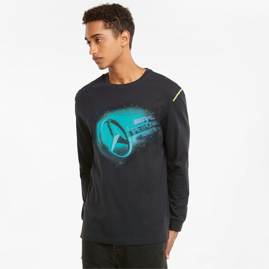 Black Puma Mercedes F1 Street Graphic Long Sleeve Men's Tee | 7315JIXEZ