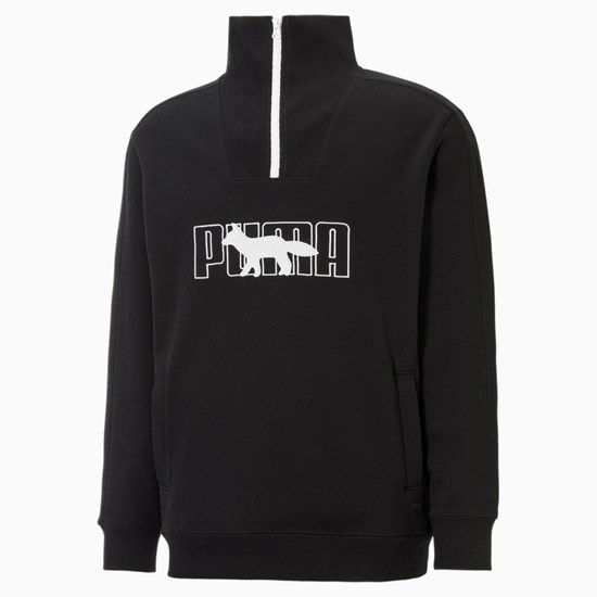 Black Puma PUMA x MAISON KITSUNE Half-Zip Men's Sweatshirt | 4759MFWBL