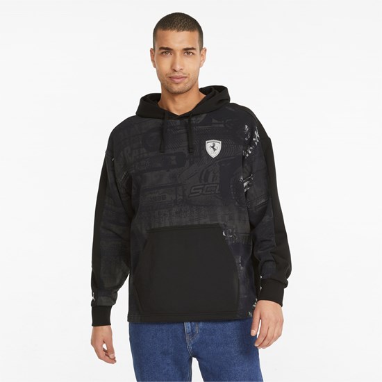 Black Puma Scuderia Ferrari Race Printed Men's Hoodie | 5130OYFCN