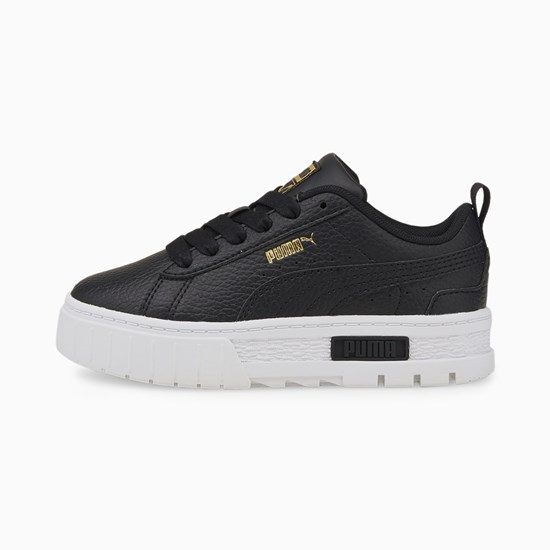 Black / Team Gold Puma Mayze Leather Little Girls' Sneakers | 0841ZMVHB