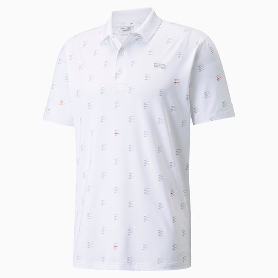 Bright White / Vibrant Orange Puma MATTR Moving Day Golf Men's Polo Shirt | 7526OFNUQ