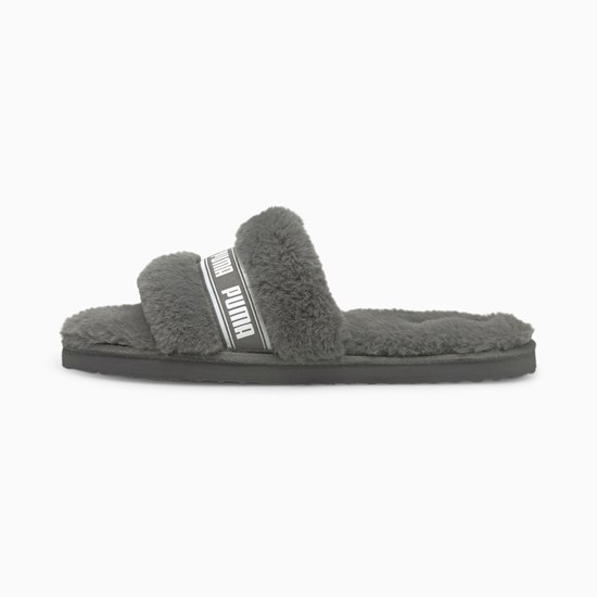 Charcoal Gray / White Puma Fluff Slide Jr Girls' Slides | 9042ZWIJV