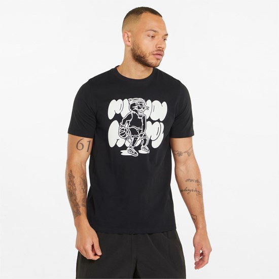 Cotton Black Puma Qualifier Basketball Short Sleeve Men's Tee | 4270JOVKM