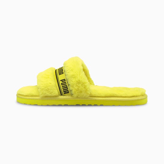 Fluo Yellow Black Puma Fluff Women's Slides | 8673RIDNG