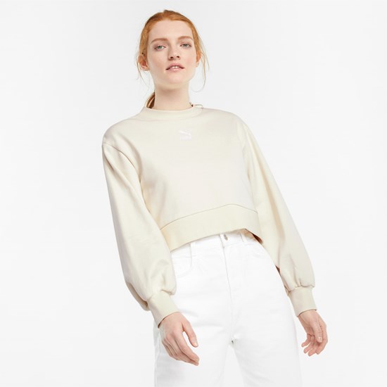 Ivory Glow Puma Classics Puff Sleeve Crew Neck Women's Sweatshirt | 2098MIYFA