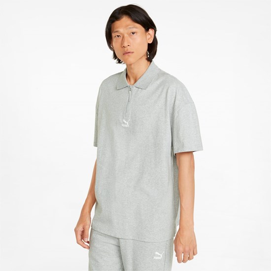 Light Gray Heather Puma Classics Boxy Zip Men's Polo Shirt | 8439NYXBC