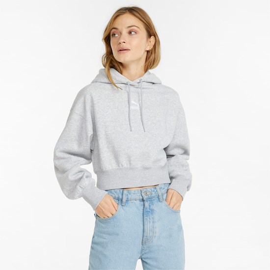 Light Gray Heather Puma Classics Cropped Women's Hoodie | 6092RTCEU