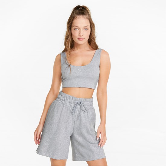 Light Gray Heather Puma Classics Ribbed Crop Women's Top | 0453DONLU