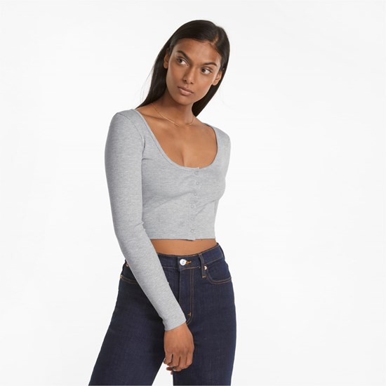 Light Gray Heather Puma Classics Ribbed Long Sleeve Women's Tee | 4038QJHGB