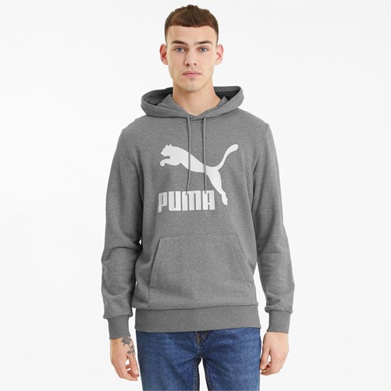 Medium Gray Heather Puma Classics Logo Men's Hoodie | 1063KUYBX