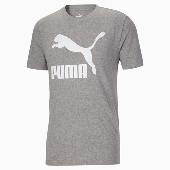 Medium Gray Heather / White Puma Classics Logo Men's Tee | 0483PEIGF