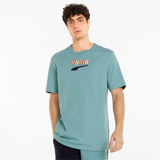 Mineral Blue Puma Downtown Logo Crew Neck Men's Tee | 2467KPCYL