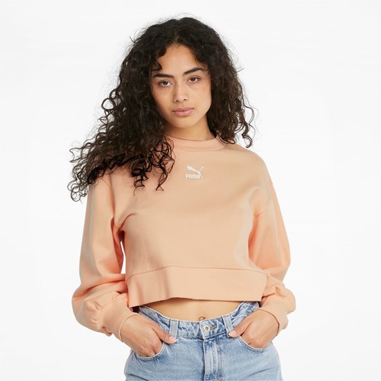 Peach Parfait Puma Classics Puff Sleeve Crew Neck Women's Sweatshirt | 0481NQOYZ