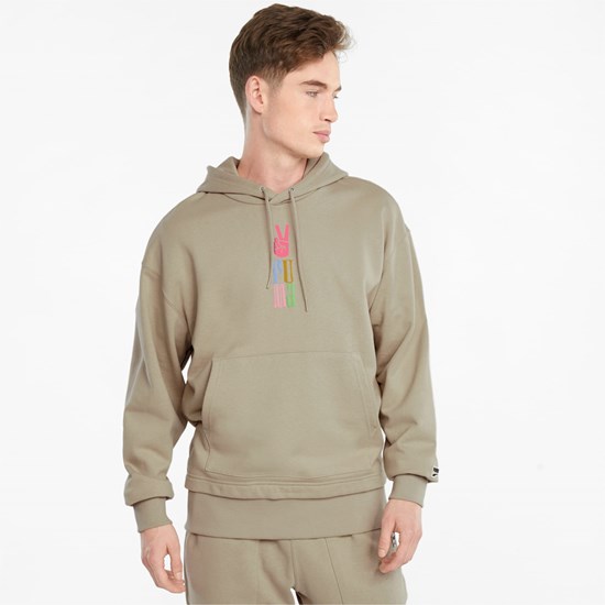 Spray Green Puma Downtown Graphic French Terry Men's Hoodie | 0978CKQEI