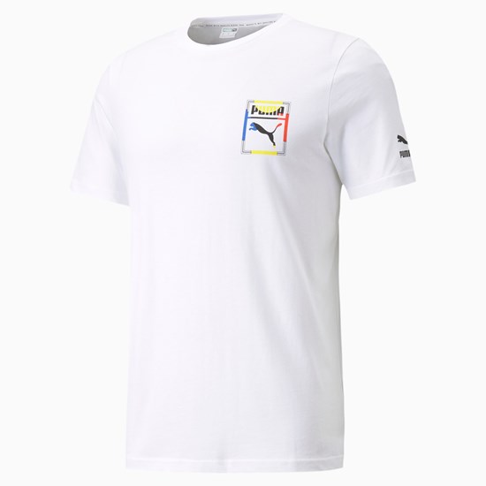 White / 1 Puma Graphic Box Logo Play Men's Tee | 8907PWHXQ