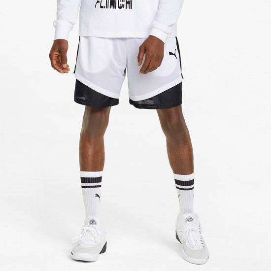 White / Black Puma Pick and Roll Basketball Men's Shorts | 8215TWAOP