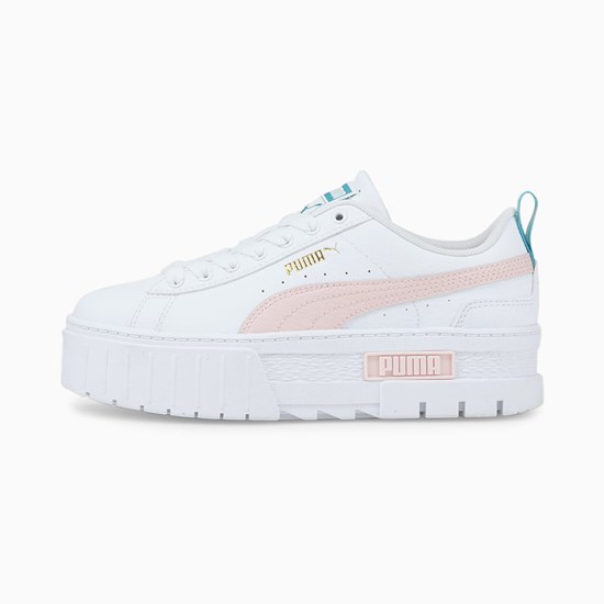 White / Chalk Pink Puma Mayze Leather Jr Girls' Sneakers | 3679MJADG