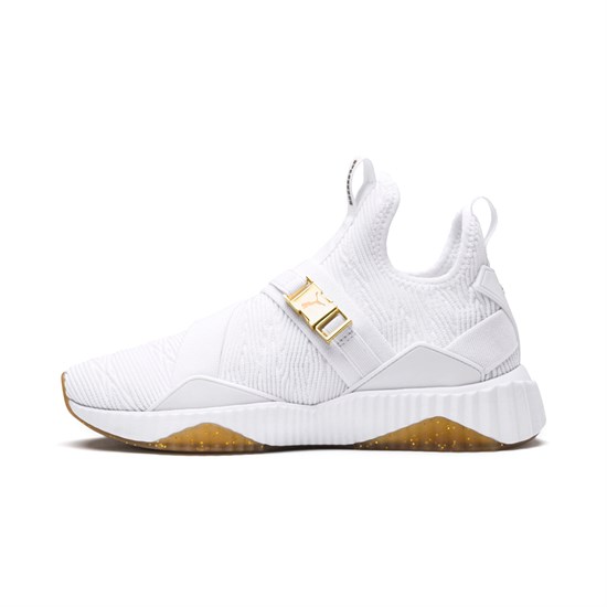 White / Metallic Gold Puma Defy Varsity Mid Women's Sneakers | 1408WEJCG