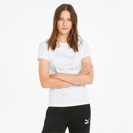 White / Silver Puma Classics Logo Women's Tee | 1537AWCOG