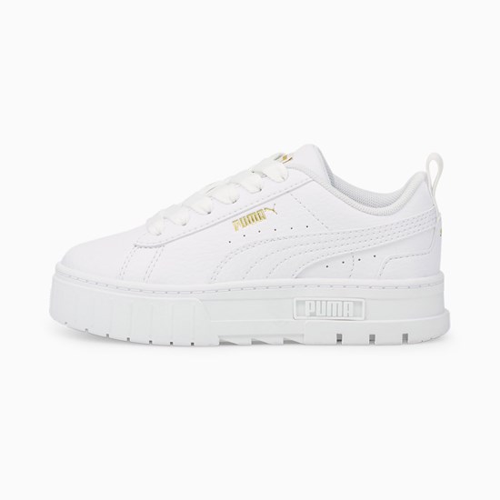 White / Team Gold Puma Mayze Leather Little Girls' Sneakers | 7246NLRJS